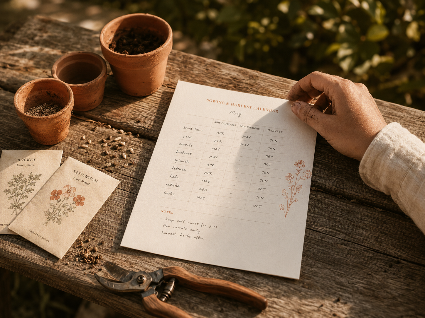 Aussaat-Kalender auf Holz-Gartenbank mit Saatgut und Töpfen