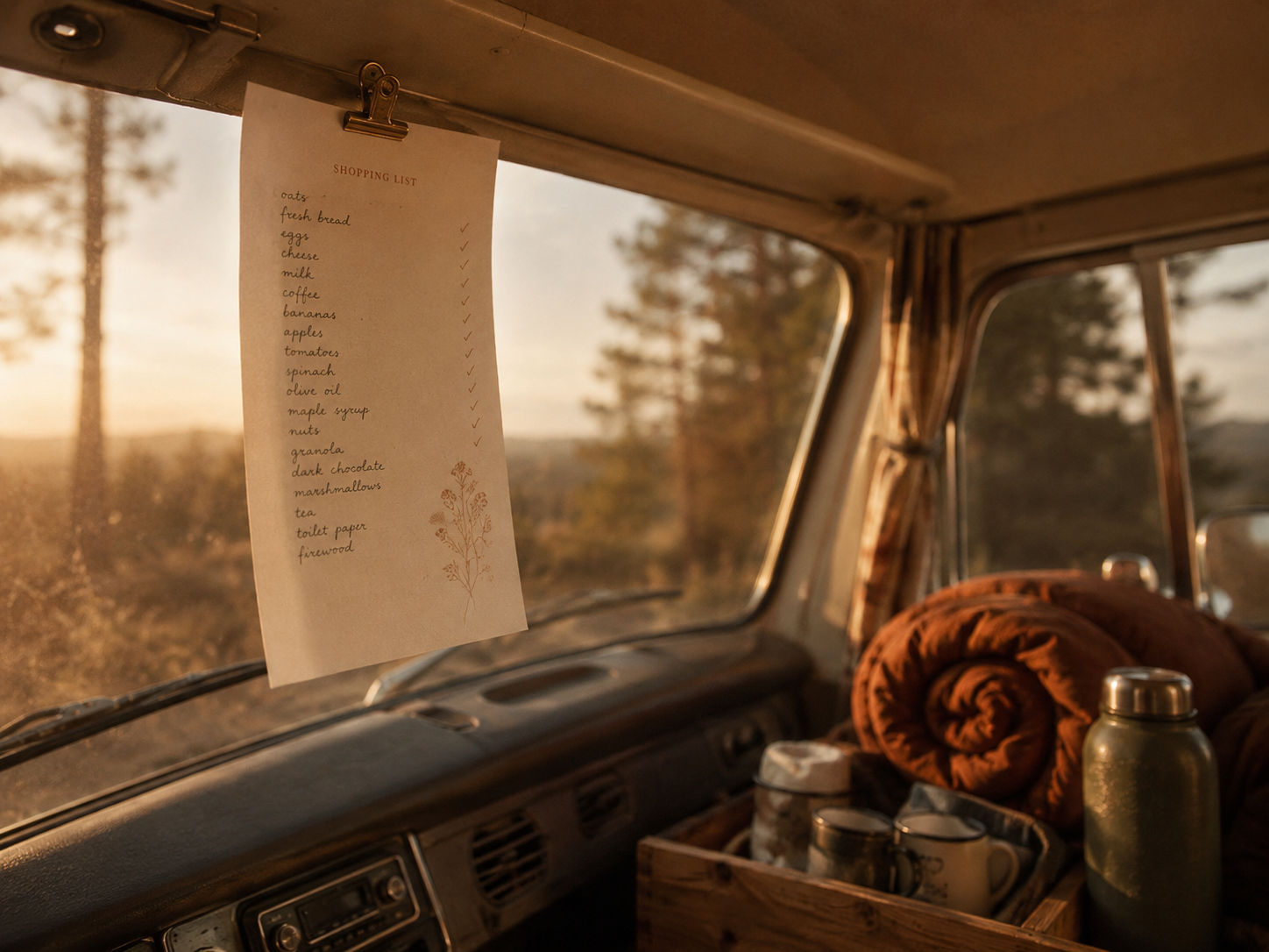 Einkaufsliste am Visor eines Vintage-Campers, Sonnenuntergang