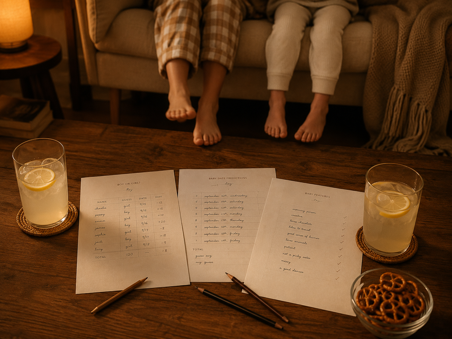 Tipp-Bögen auf Wohnzimmertisch, Kinderfüße auf dem Sofa unscharf
