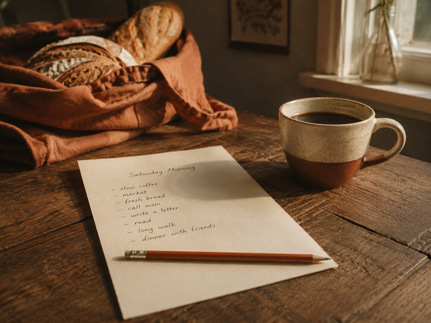 Saturday-Morning-Liste am Küchentisch mit Brot und Kaffee