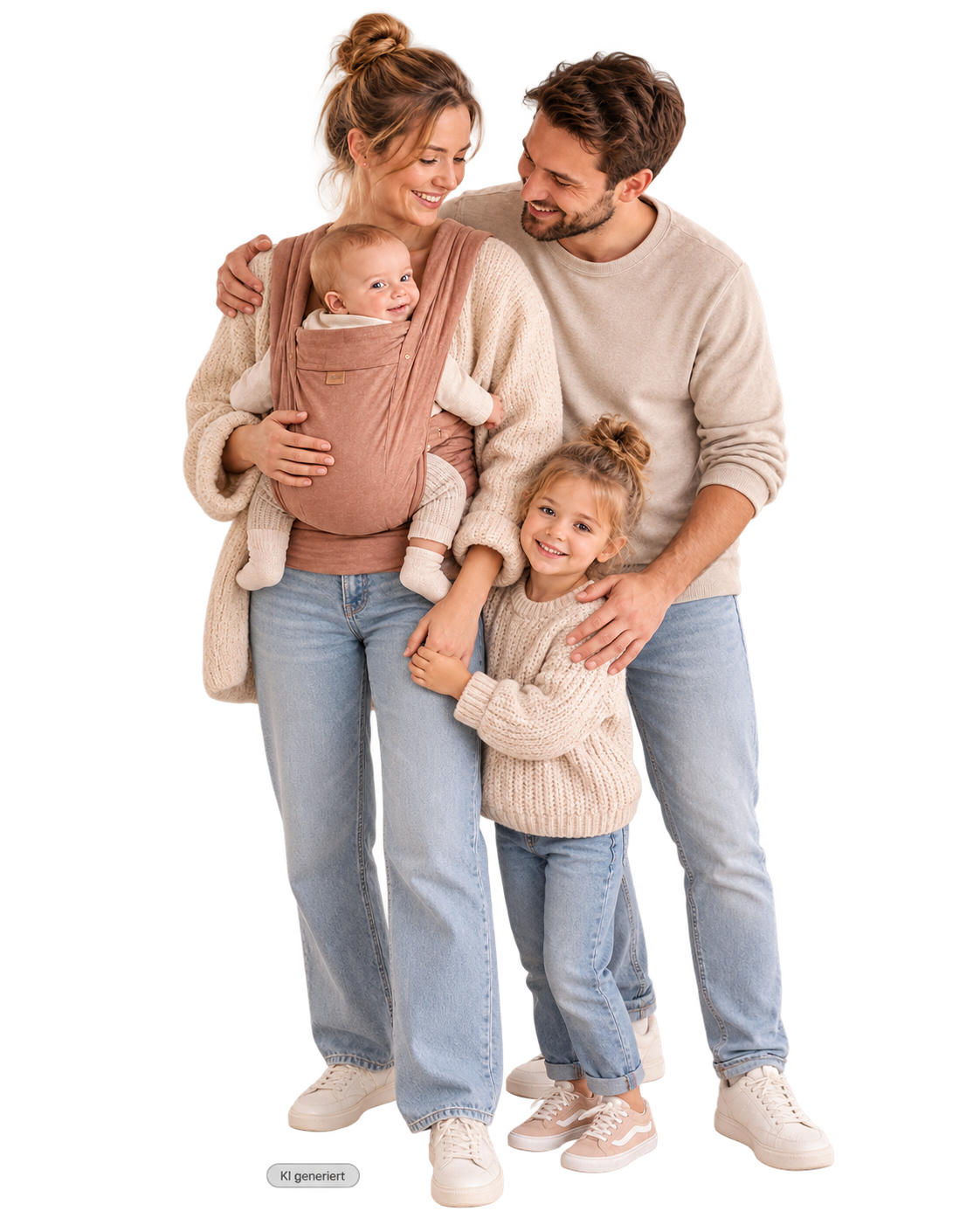 Familie mit Baby im Tragetuch und Kind